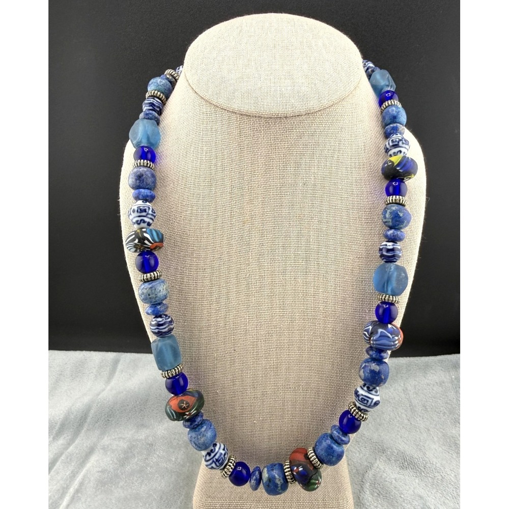 Vintage Art Glass Necklace Chunky Blue‎ Boho Beads 22"